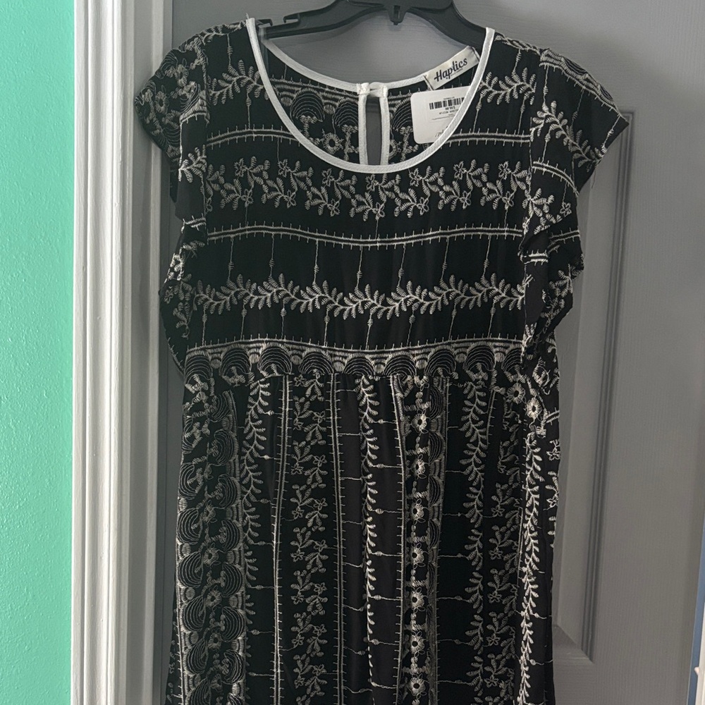 Black Embroidered Scoop-Neck with White Trim